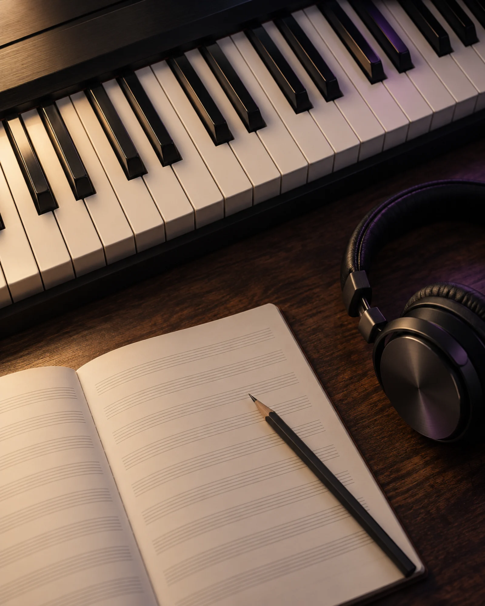 Teclado, caderno e fones de ouvido em estúdio, fotografia ilustrativa