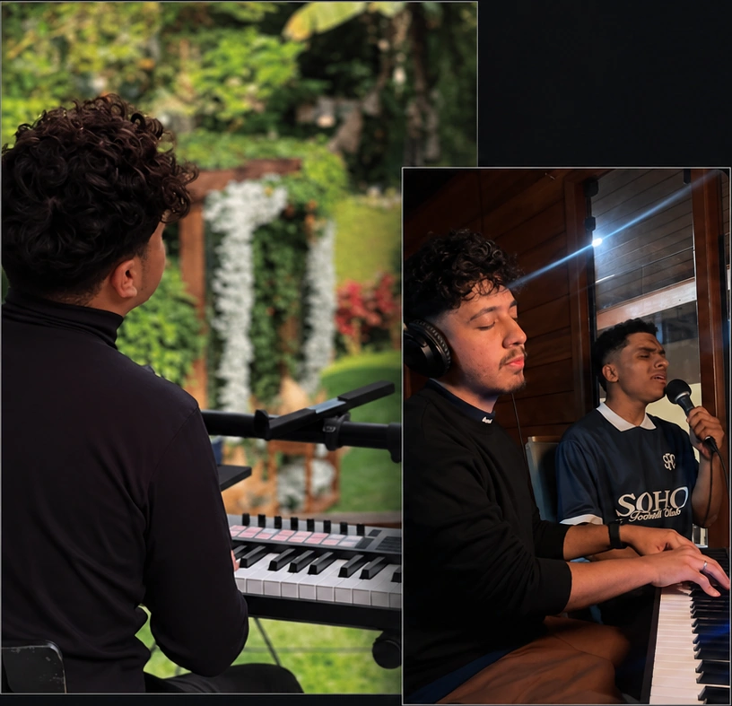 Composição de dois registros de Gabriel: tocando ao ar livre e em ensaio, com tratamento visual da referência
